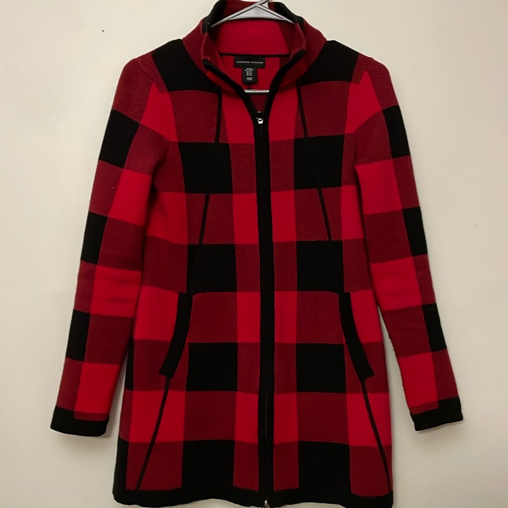 Adrienne Vittadini zipper sweater red and black plaid xsmall